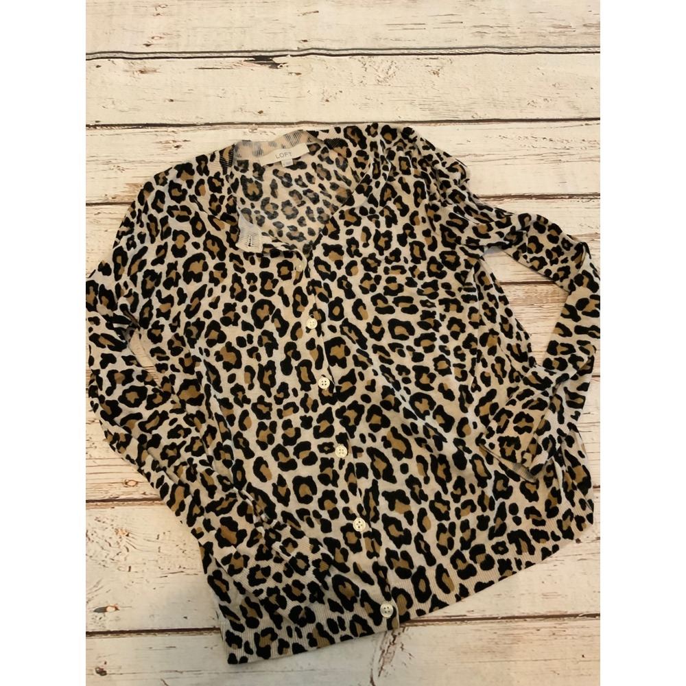 Loft Womens Small Leopard Print Cardigan Cotton V-Neck Button Front Sweater Tan